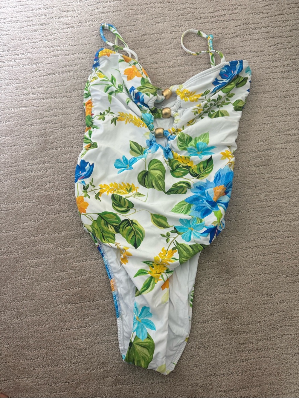 White Floral One-Piece Swimsuit with Blue & Yellow Flowers
